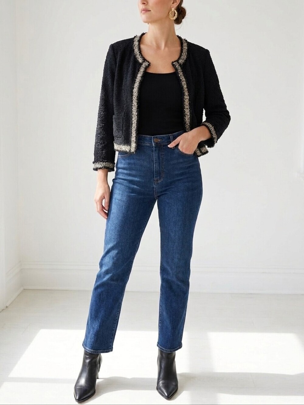 Joseph Ribkoff Textured Cropped Blazer Jacket Black Gold Trim Size 14 Classic
